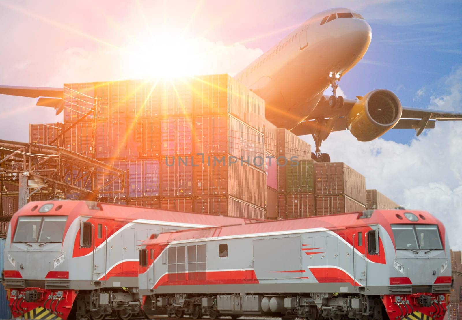 Rail and air transport concept. freight train cargo plane by boonruen