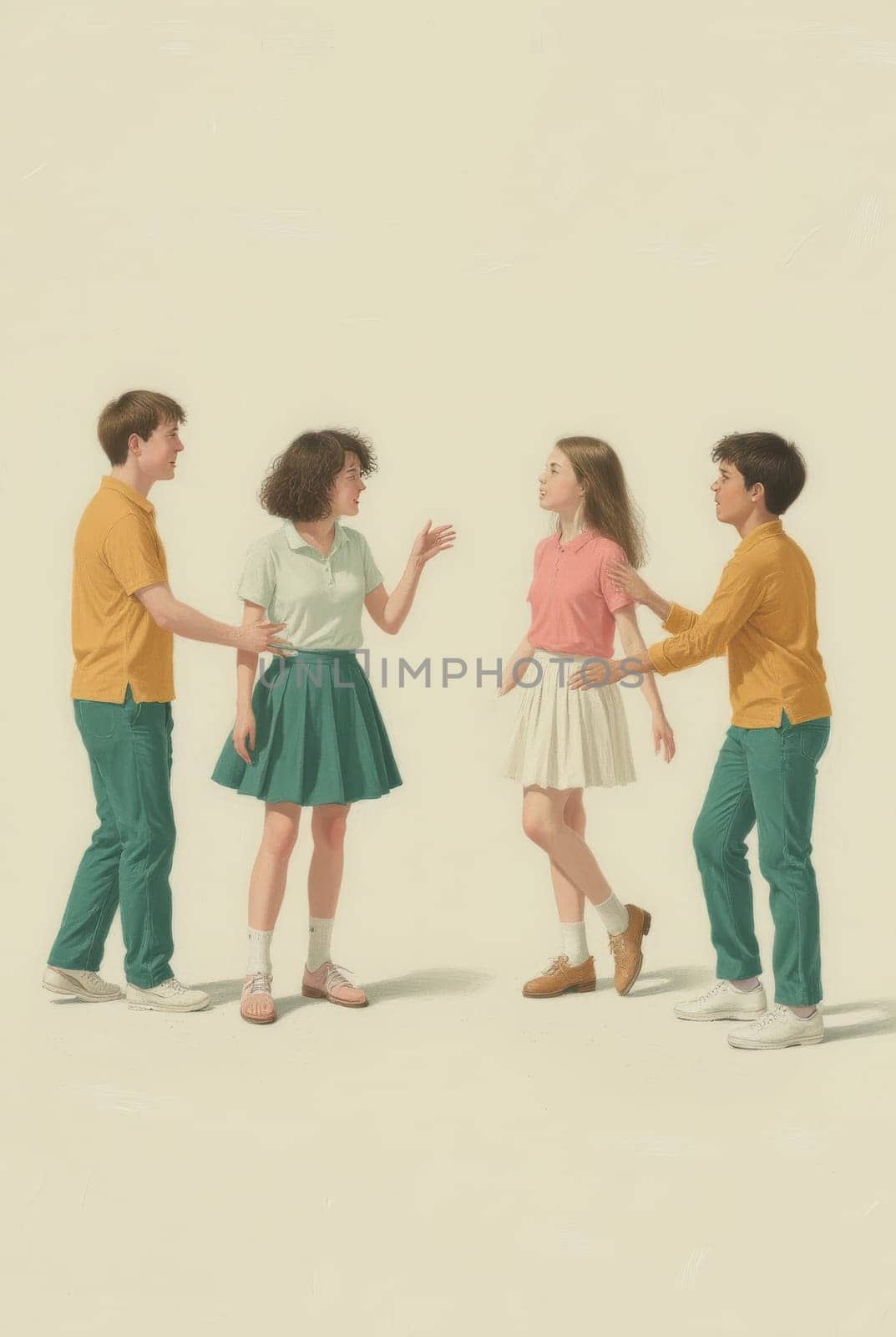 Four young people, two boys and two girls, stand facing each other, their expressions and postures hinting at an unresolved issue or dispute. The setting is simple and neutral.
