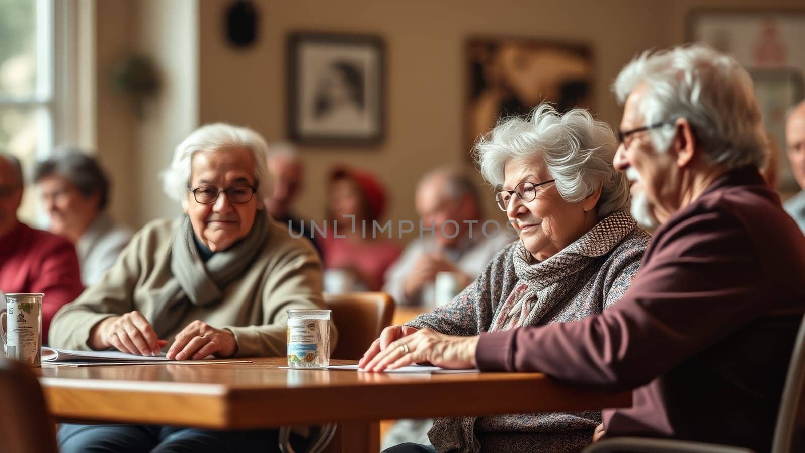 A group of elderly people are seated at a table, chatting and enjoying a social gathering. The scene is warm, inviting and highlights the importance of community for seniors.