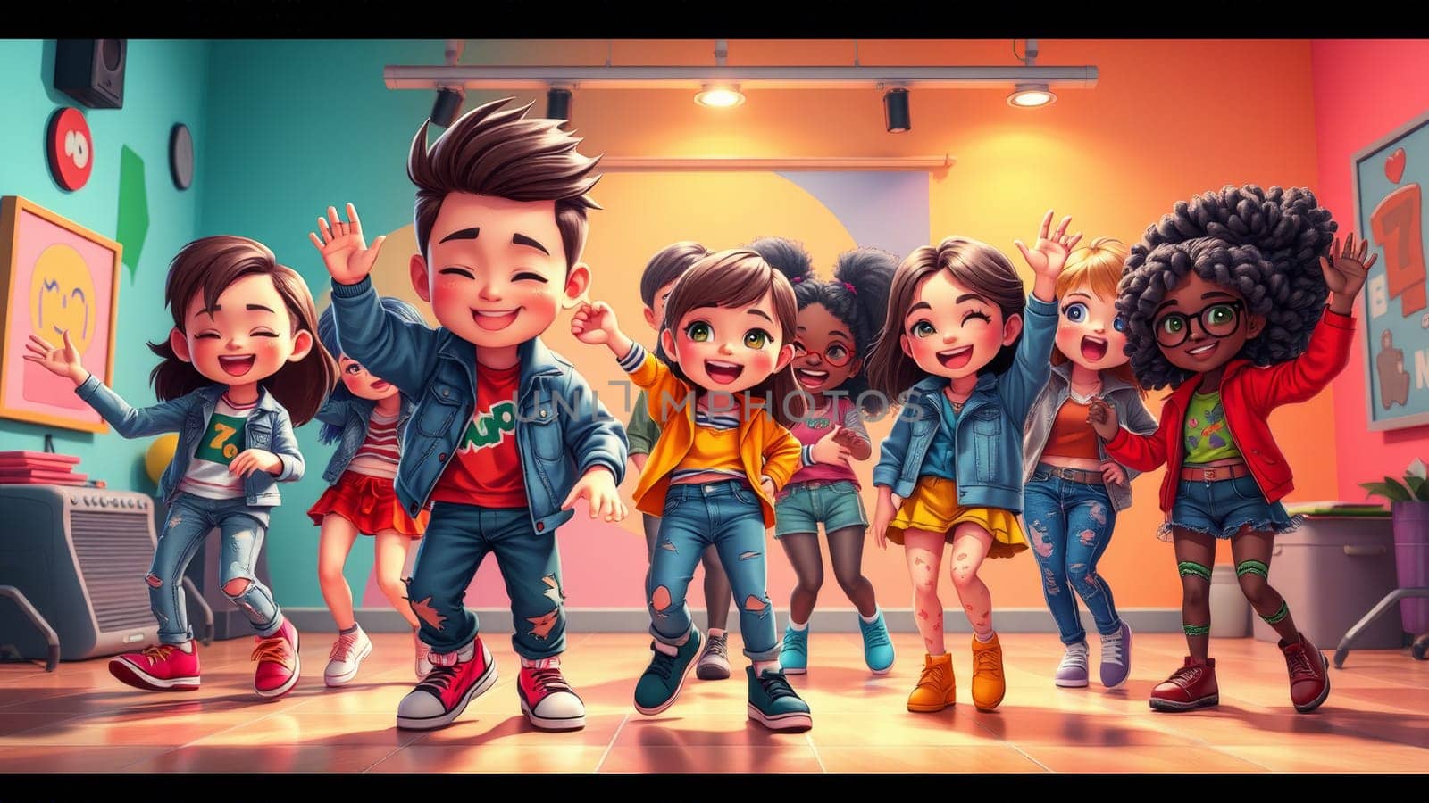 Smiling children in denim jackets and colorful clothes dance in a brightly lit classroom. They express energy and playful camaraderie.