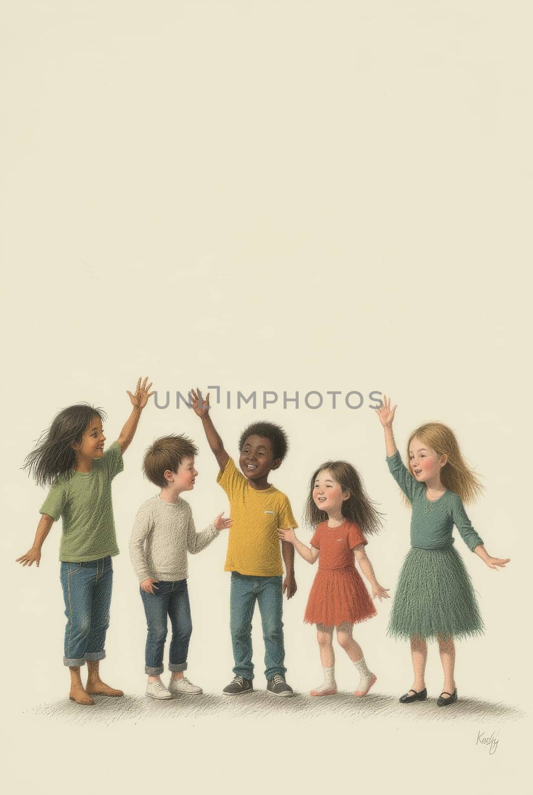 Five young children of different ethnicities stand side-by-side, smiling and waving their hands in the air, creating a heartwarming scene of friendship and togetherness.