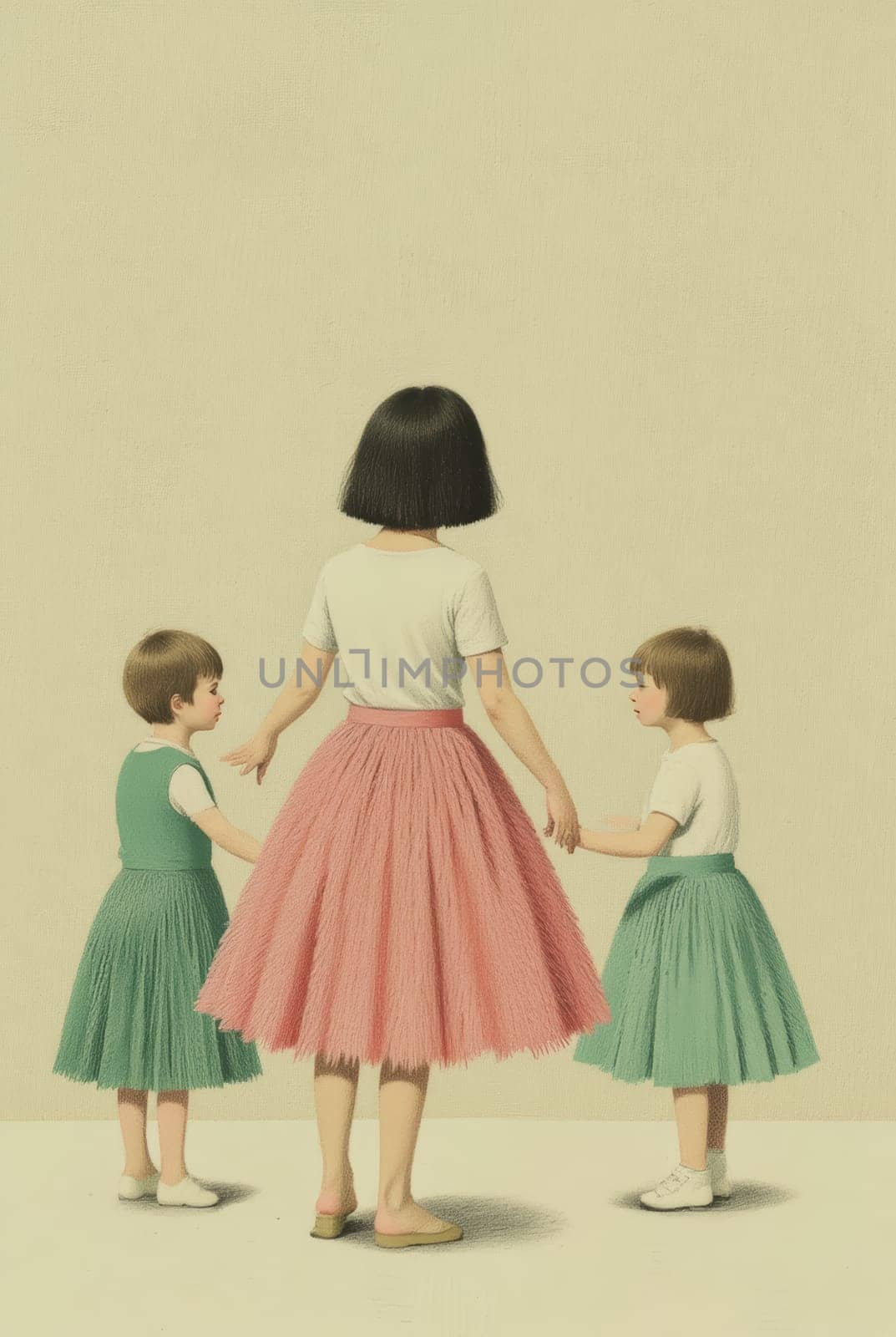The image portrays a woman with two children, likely sisters, dressed in coordinated outfits. The scene is serene and simple, emphasizing familial connection.