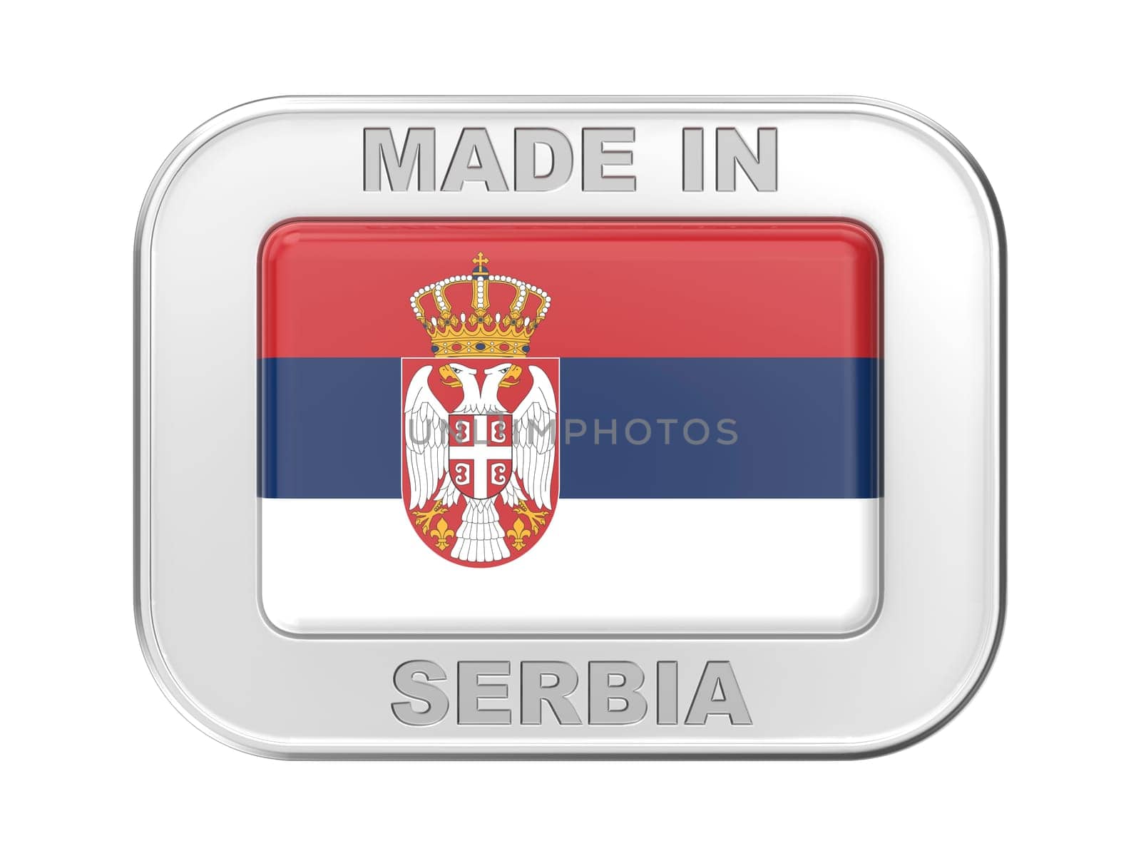 Made in Serbia, silver badge with the flag of Serbia
