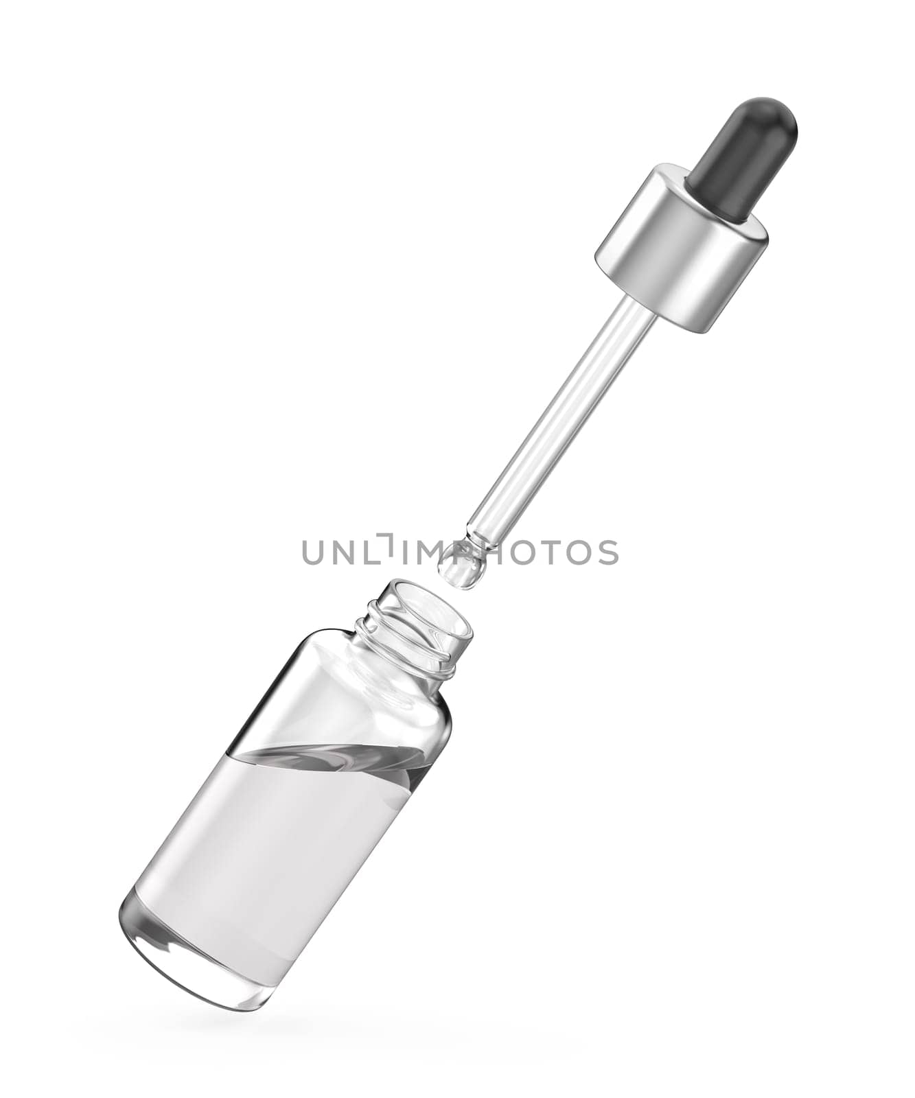 Opened glass dropper bottle with pipette on white background