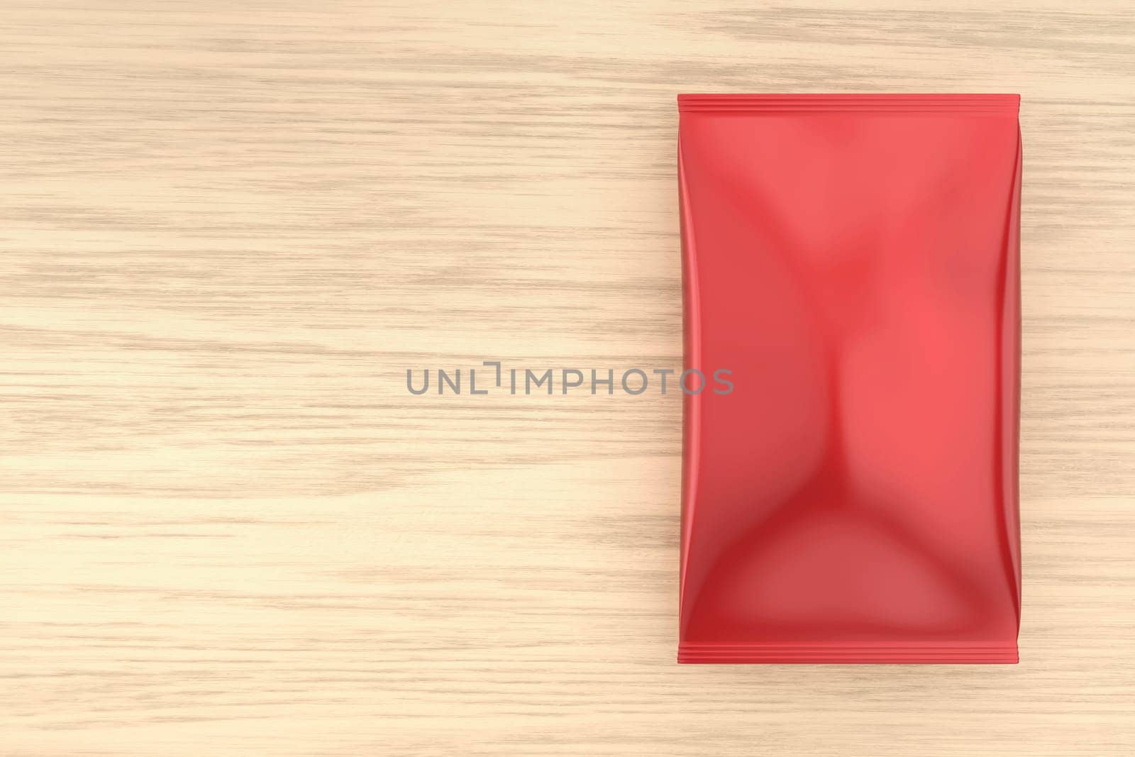 Blank red foil bag packaging for food on a wooden table, top view