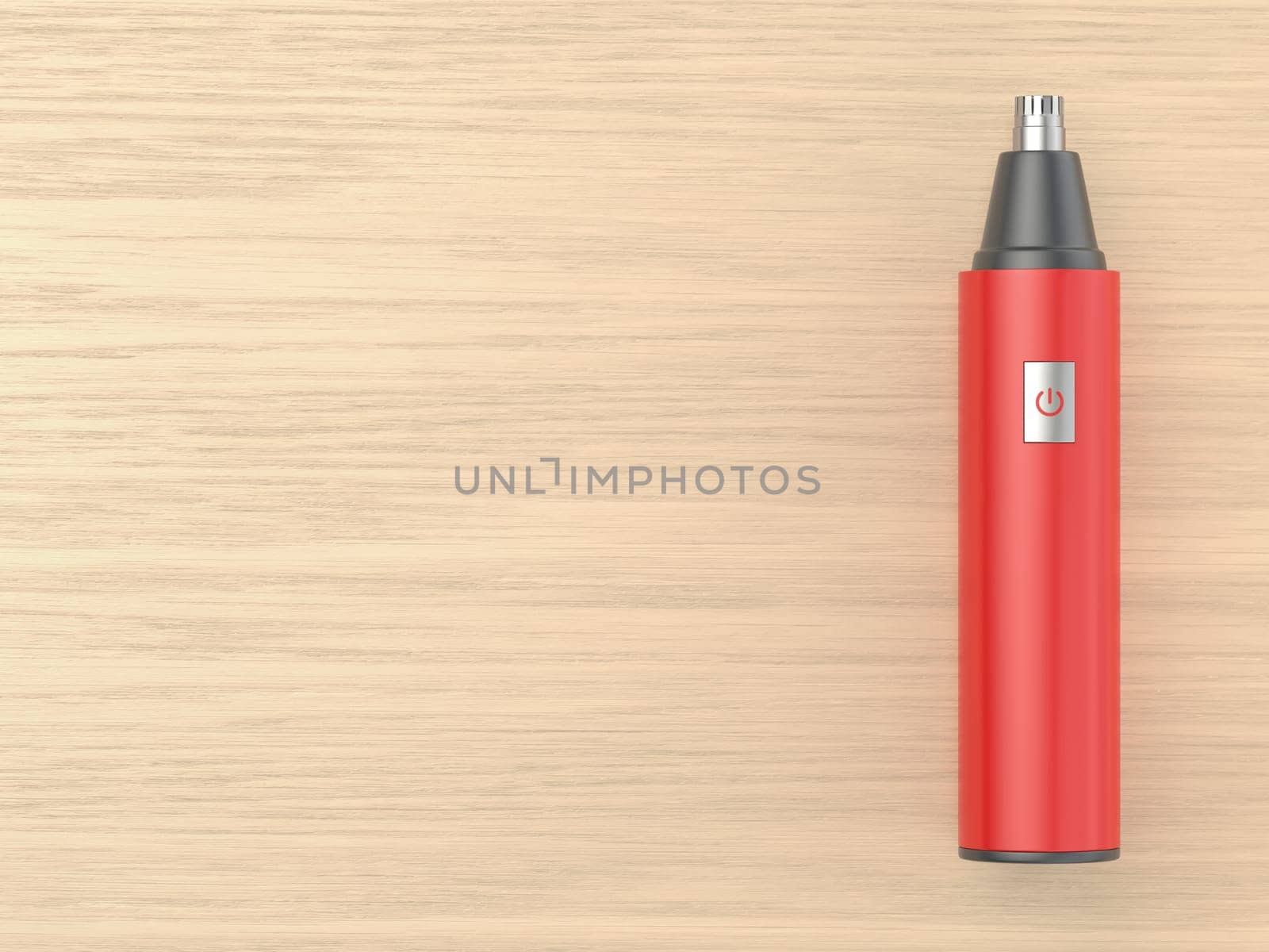 Red ear and nose hair trimmer on wooden desk, top view
