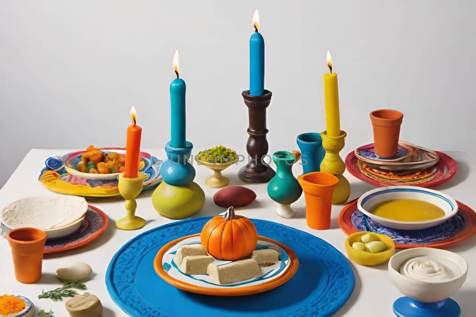 food on the table in plates, candles, Jewish holiday seder Pesach Roshashanah plate plates . High quality 3 d illustration