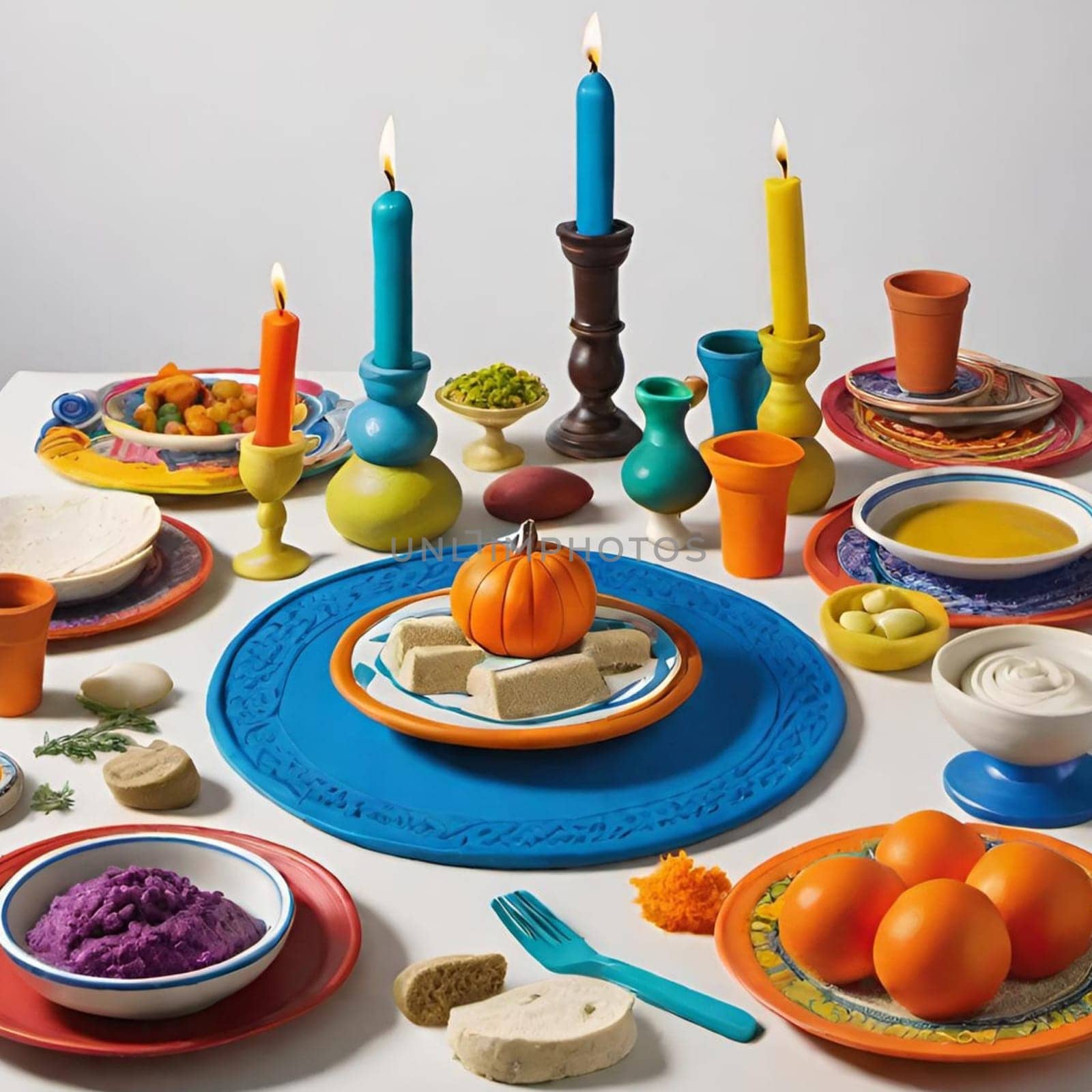 food on the table in plates, candles, Jewish holiday seder Pesach Roshashanah plate plates . High quality 3 d illustration