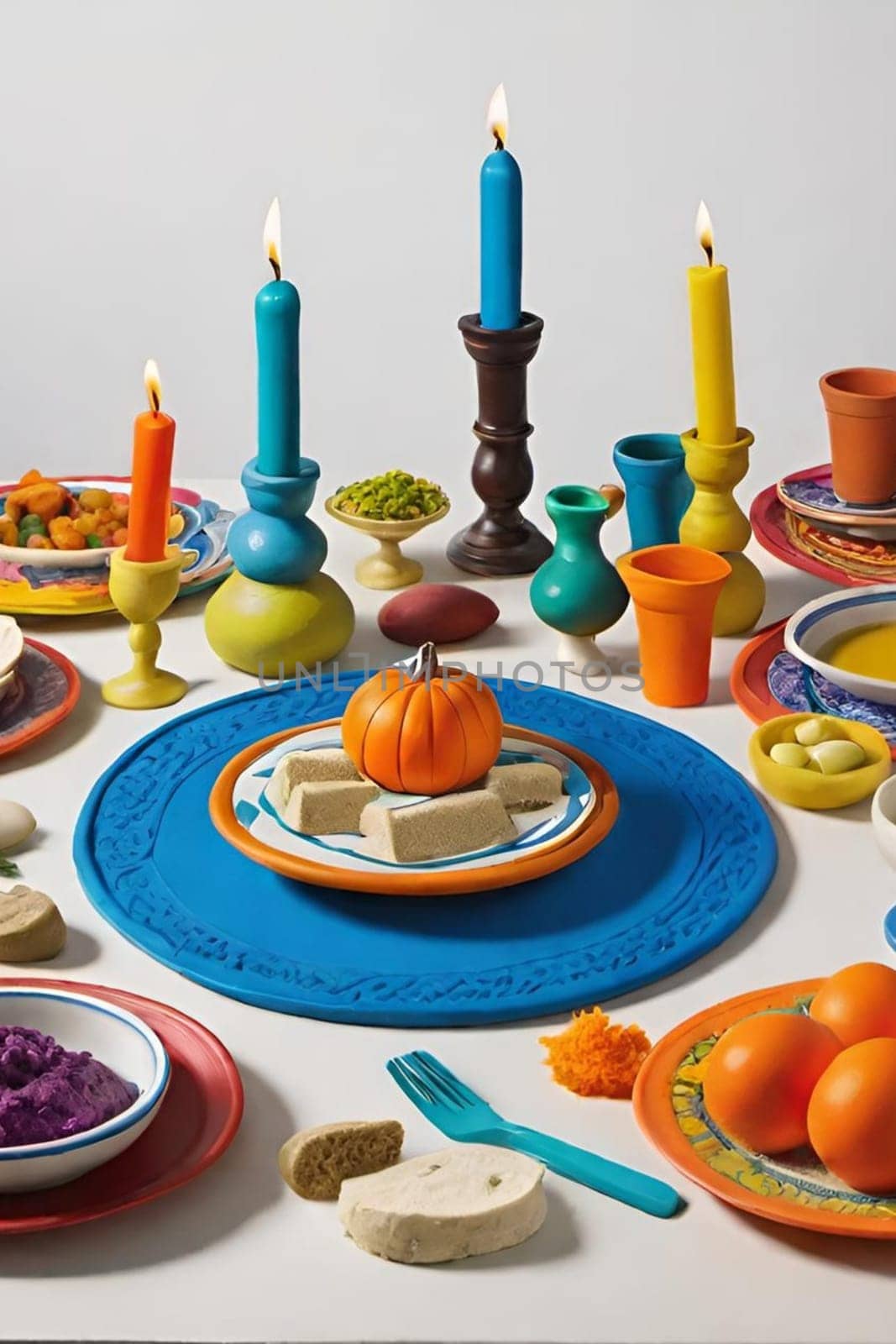 food on the table in plates, candles, Jewish holiday seder Pesach Roshashanah plate plates . High quality 3 d illustration
