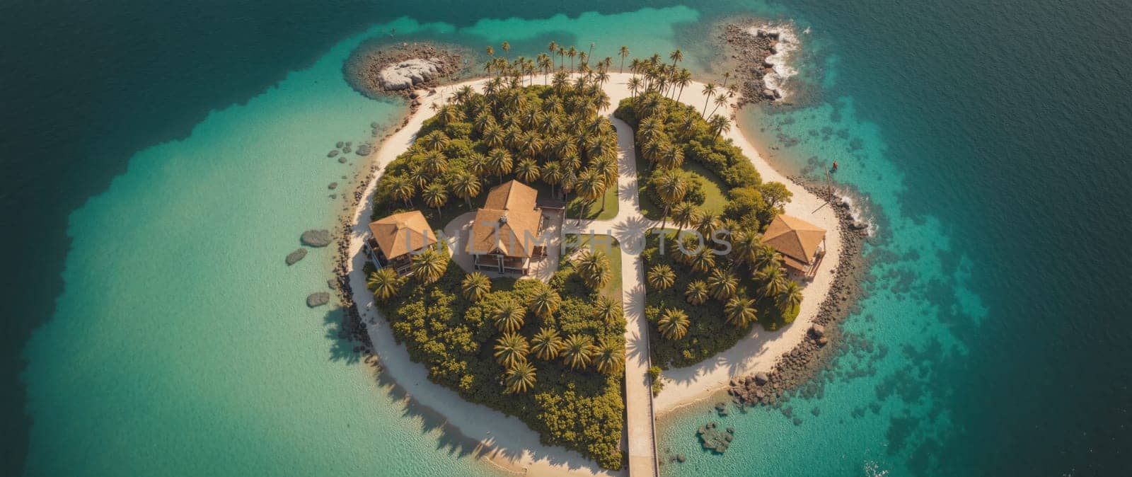 A small island with a house on it and a path leading to it. The island is surrounded by water and has a peaceful, serene atmosphere