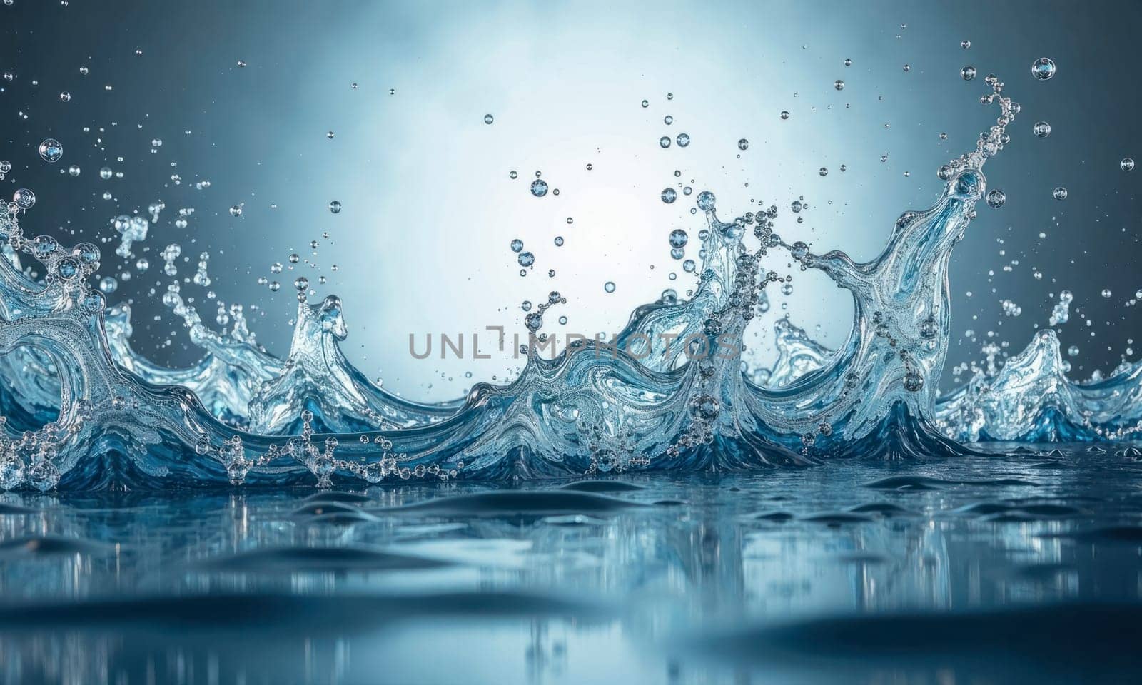 A splash of water in the air with many small droplets. The water is blue and the sky is gray