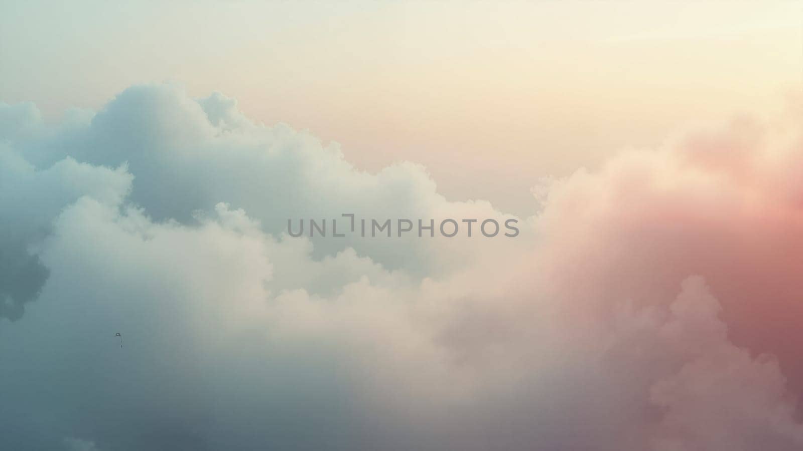 A cloudy sky with a pinkish hue. The sky is filled with clouds and the colors are soft and muted