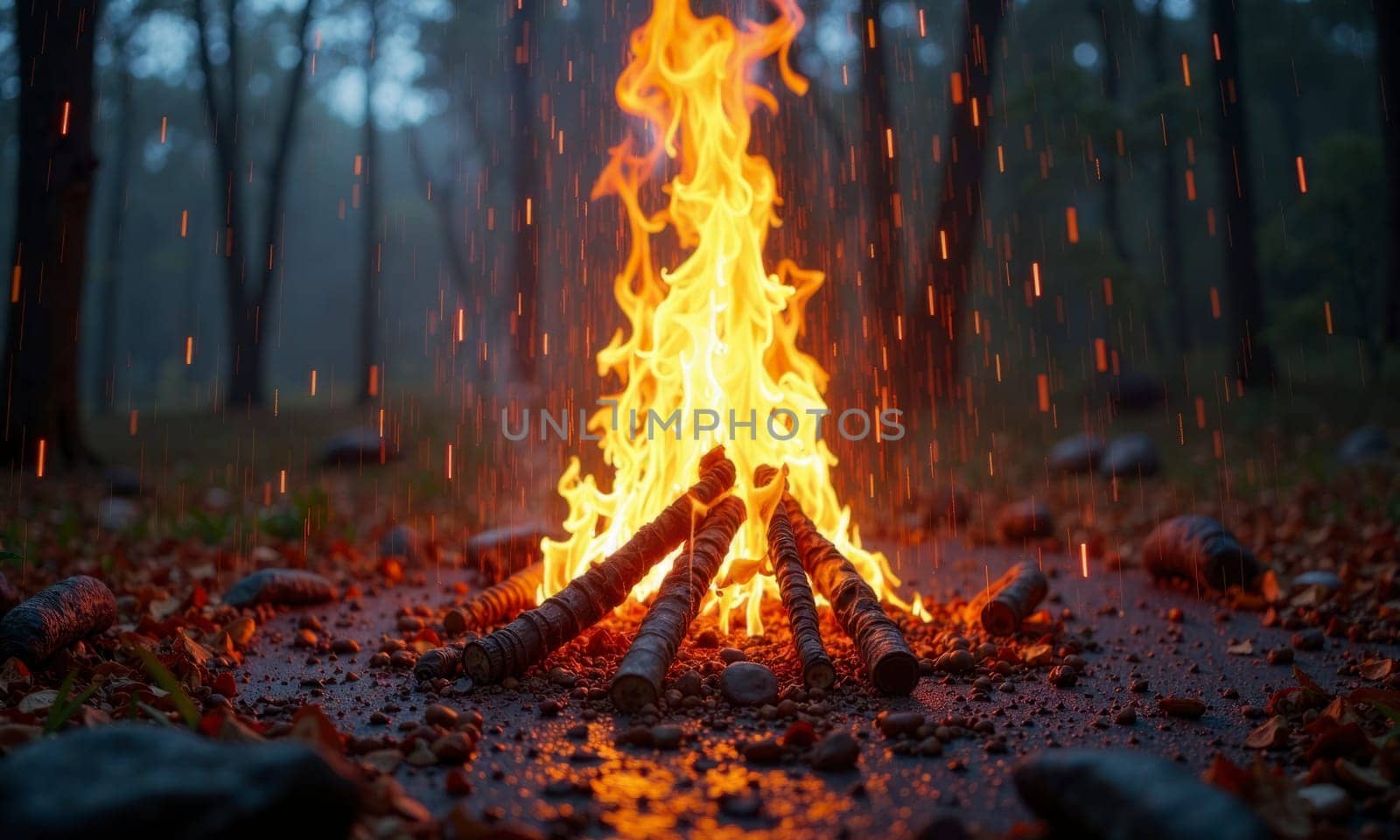 A fire is burning in a pile of wood. The fire is orange and the smoke is rising. The scene is set in a forest with trees in the background. Scene is warm and cozy