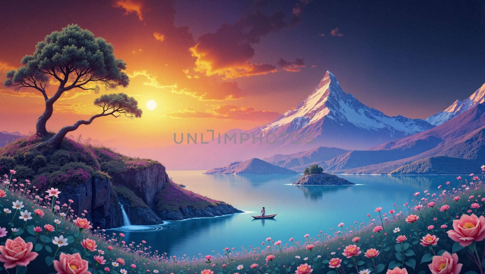 A beautiful landscape with a tree, a lake, and a mountain in the background. The sky is orange and the sun is setting. A boat is floating on the lake