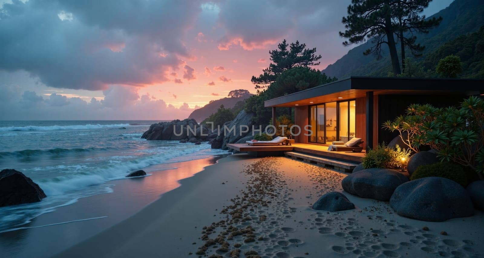 A beach house with a view of the ocean. The house is surrounded by rocks and there is a wooden dock. The sky is orange and the water is calm
