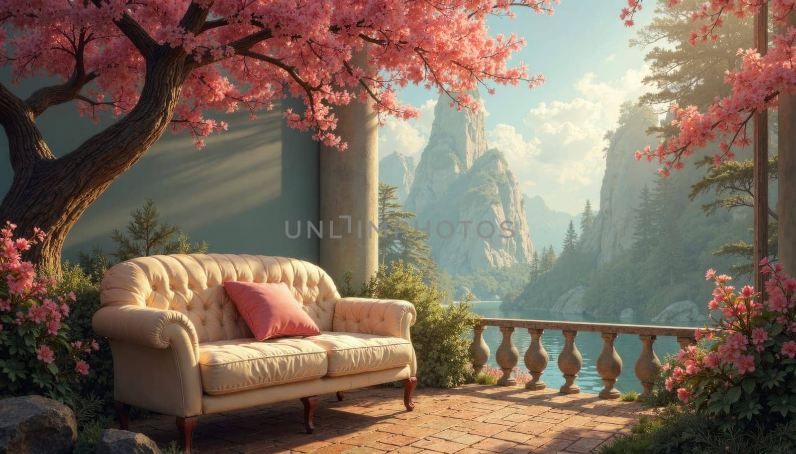 A couch is sitting on a balcony overlooking a beautiful mountain range. The scene is serene and peaceful, with the couch providing a comfortable spot to relax and take in the breathtaking view
