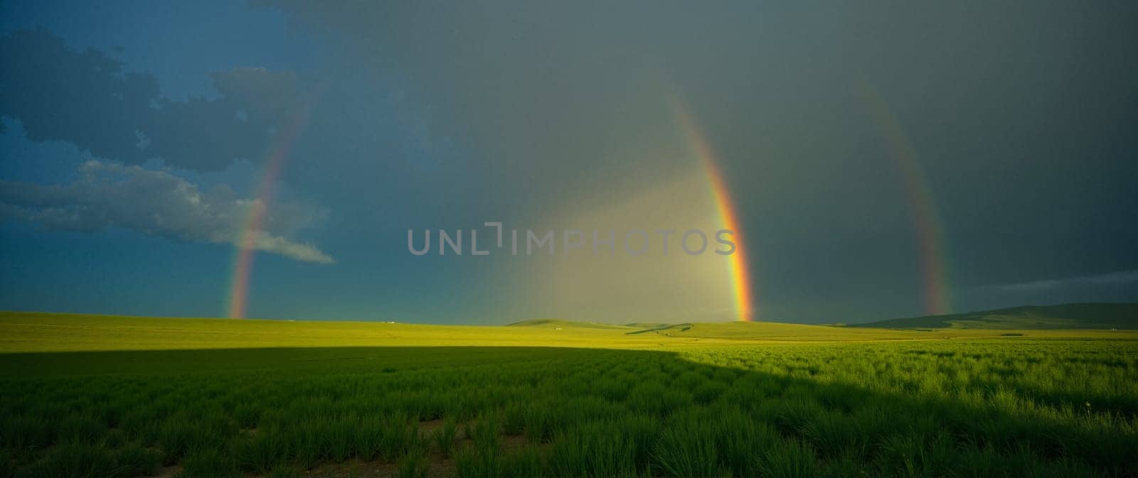A rainbow is seen in the sky above a field of grass. The sky is cloudy and the sun is shining through the clouds. The rainbow is large and spans across the sky