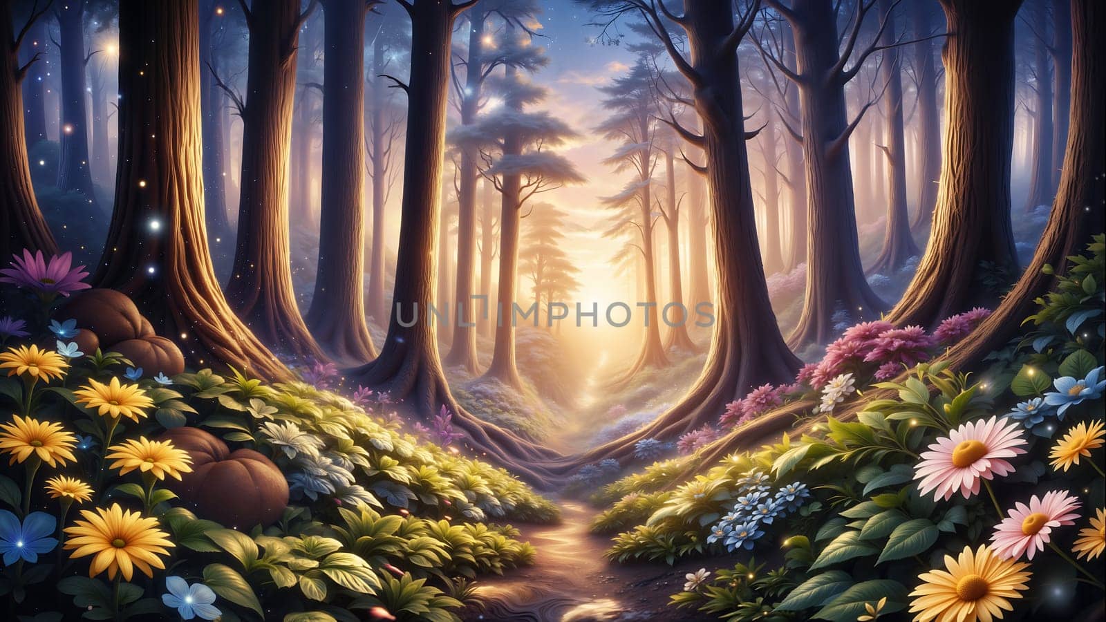 A serene and peaceful forest scene with a path running through it. The path is lined with colorful flowers, including daisies and other wildflowers, creating a beautiful and inviting atmosphere
