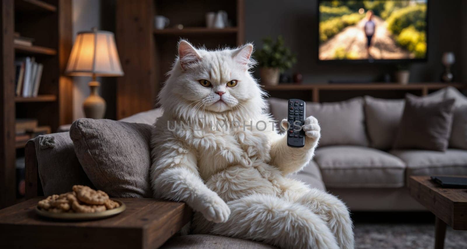 A cat is sitting on a couch and holding a remote control. The cat appears to be watching television