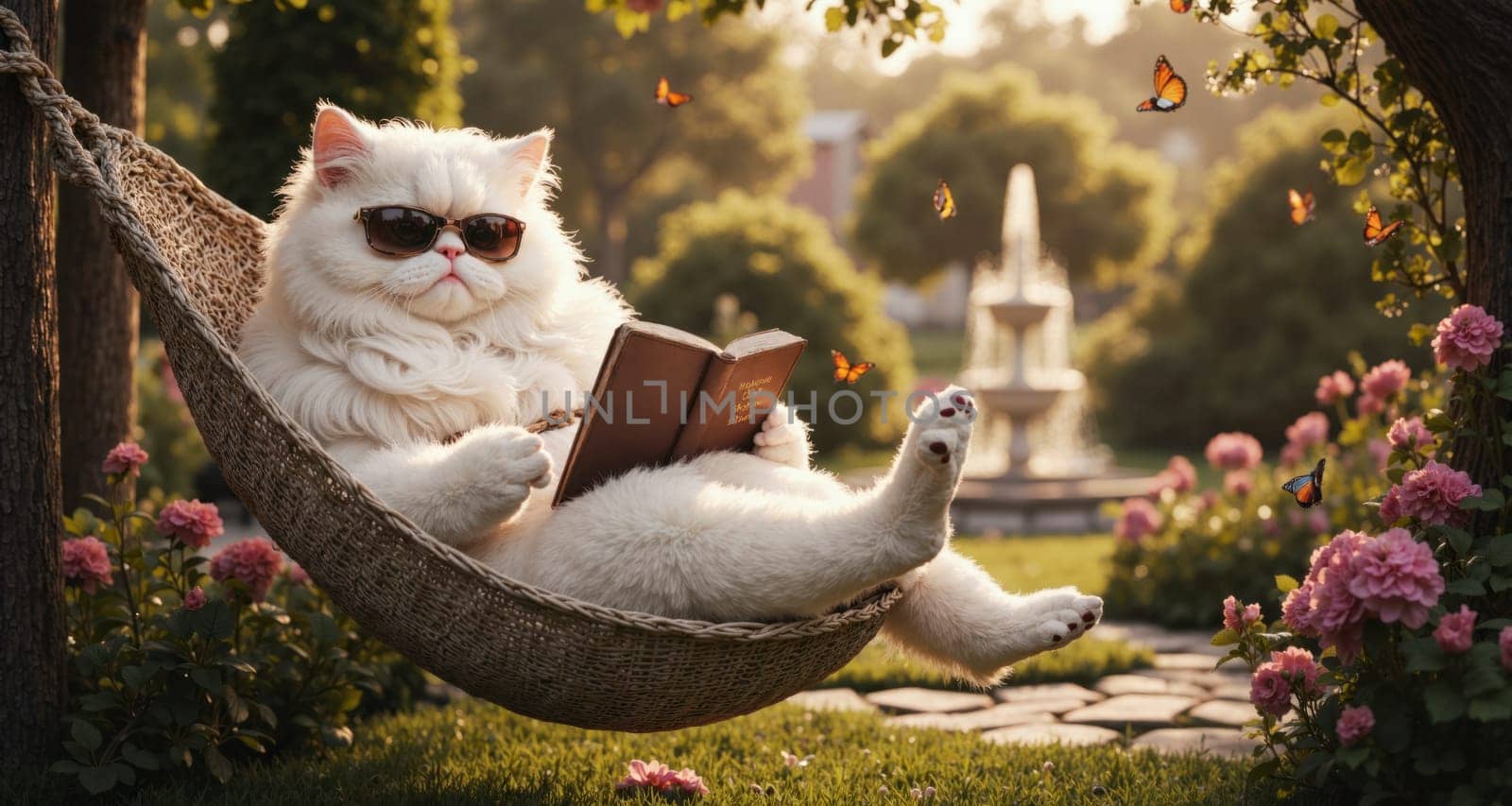 A white cat is laying in a hammock with a book in its mouth. The scene is peaceful and relaxing, with butterflies flying around the area