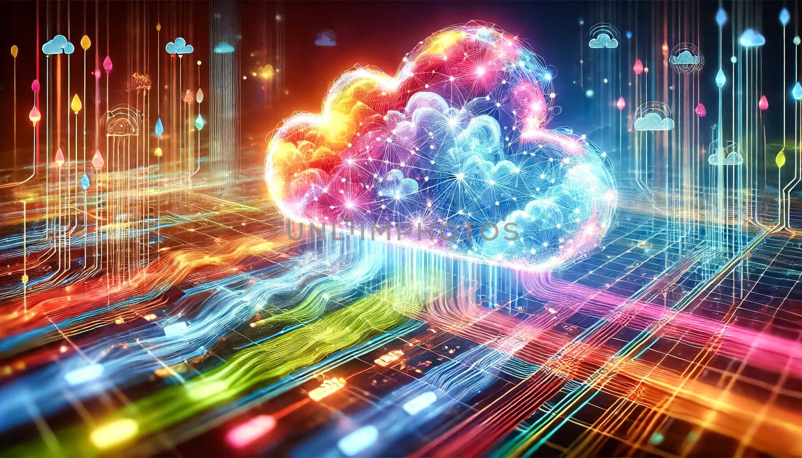 Abstract image of cloud computer networking with interconnected cloud shapes and luminous neon data streams. Complex network patterns represent the dynamic flow of digital information.