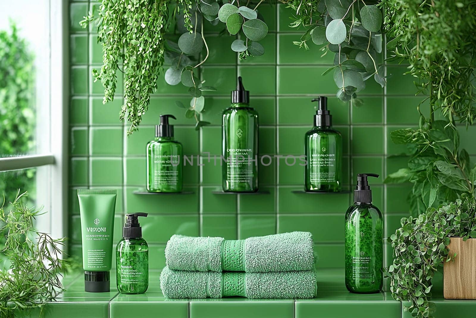 A wellness-focused beauty corner displays green bottles and towels surrounded by lush greenery, promoting relaxation and self-care.