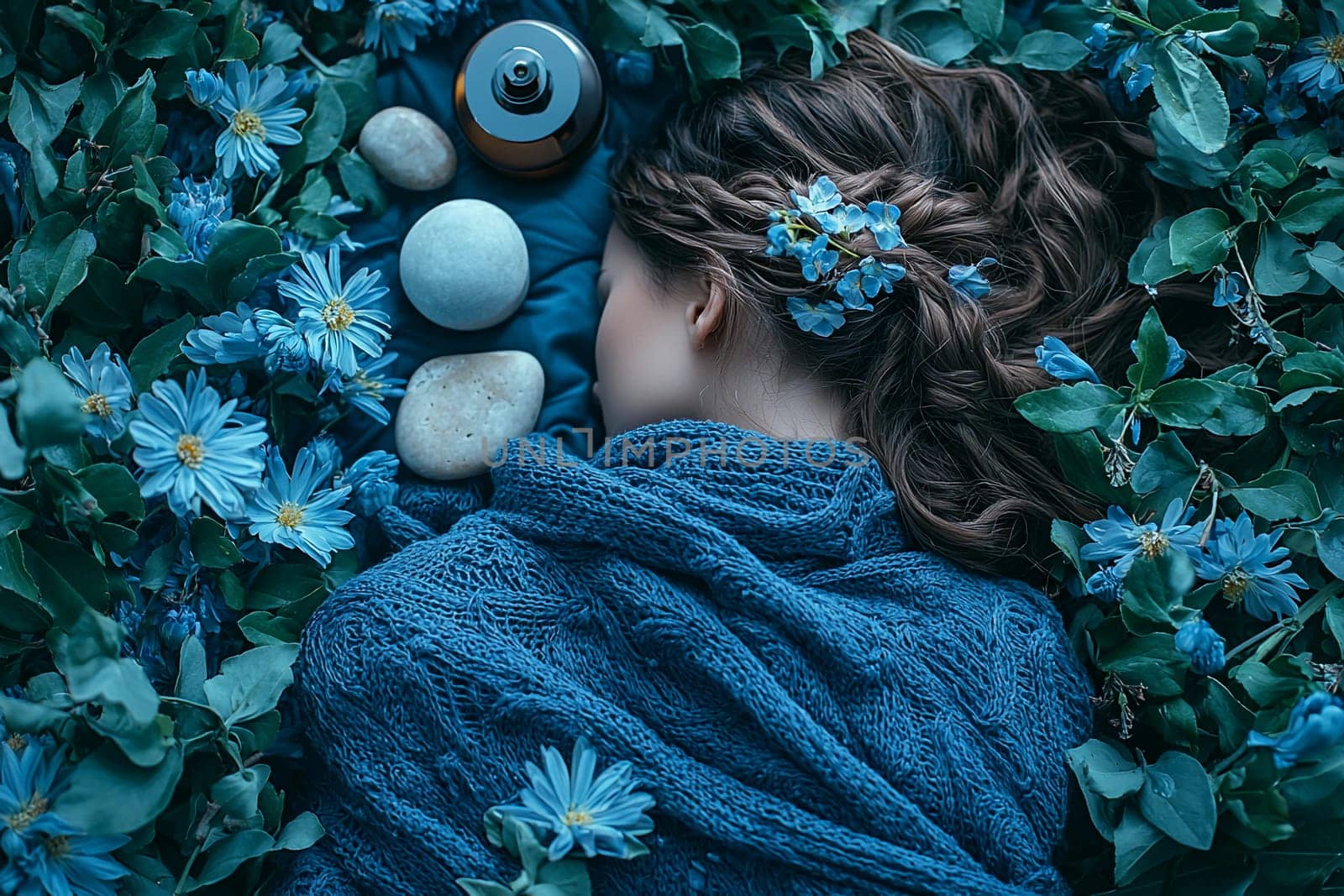 Relaxation and harmony emerge from a unique flat lay featuring a person surrounded by flowers, stones, and soft fabric in a serene setting