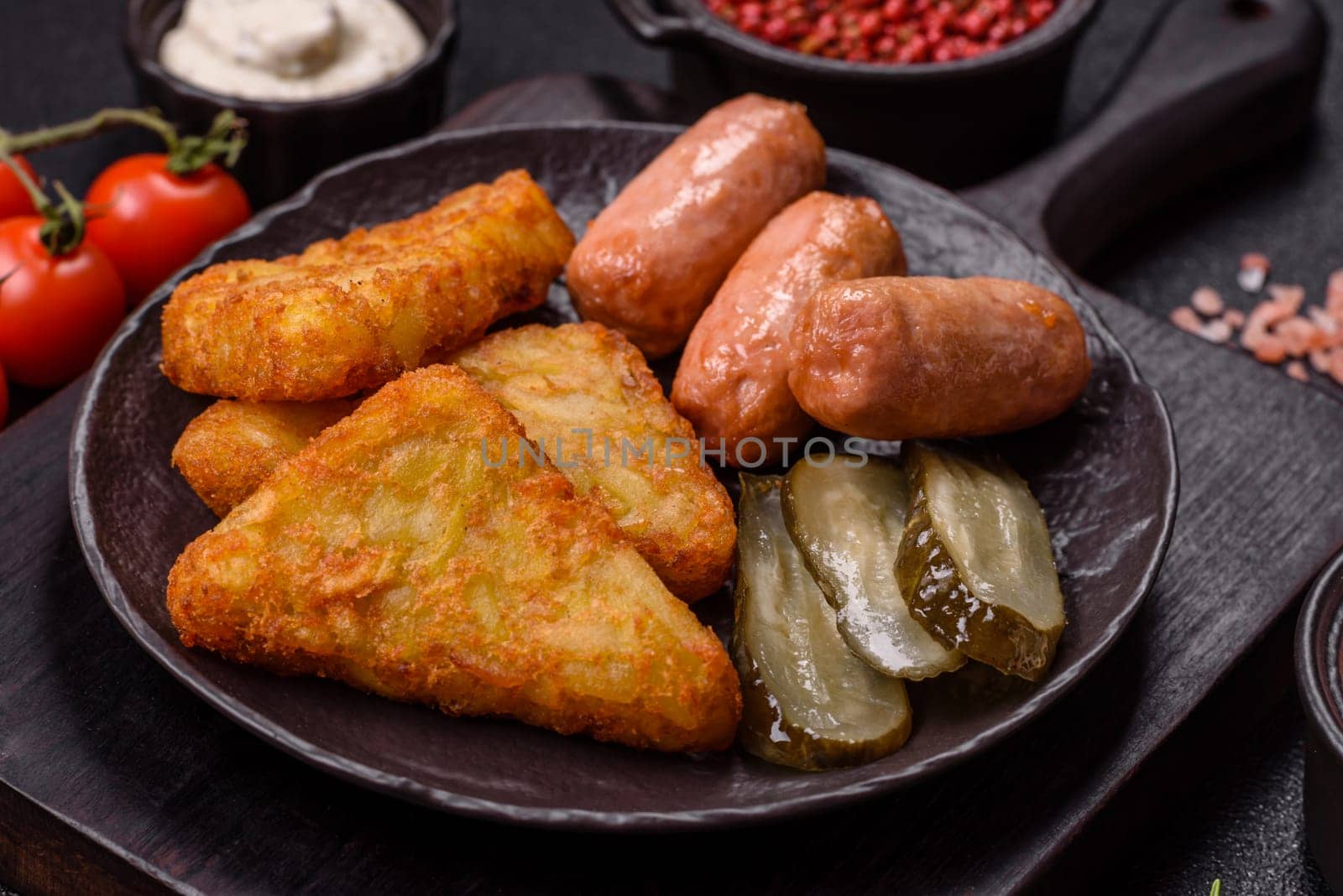 Hash browns with potatoes and onions, salt and spices on a dark concrete background