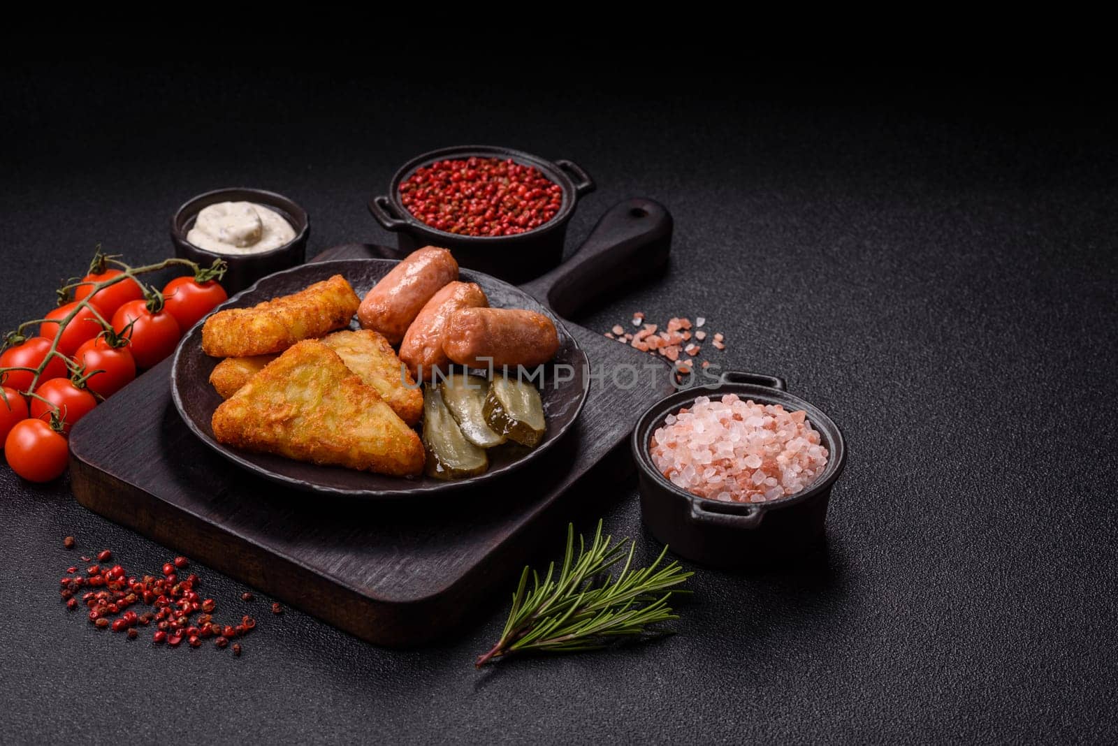Hash browns with potatoes and onions, salt and spices on a dark concrete background