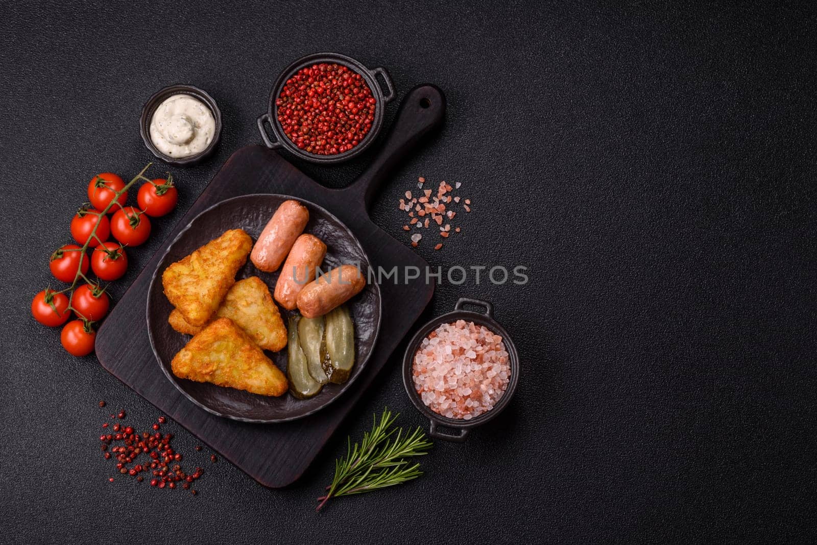 Hash browns with potatoes and onions, salt and spices on a dark concrete background
