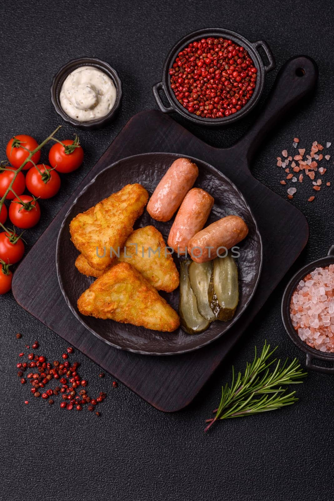 Hash browns with potatoes and onions, salt and spices on a dark concrete background