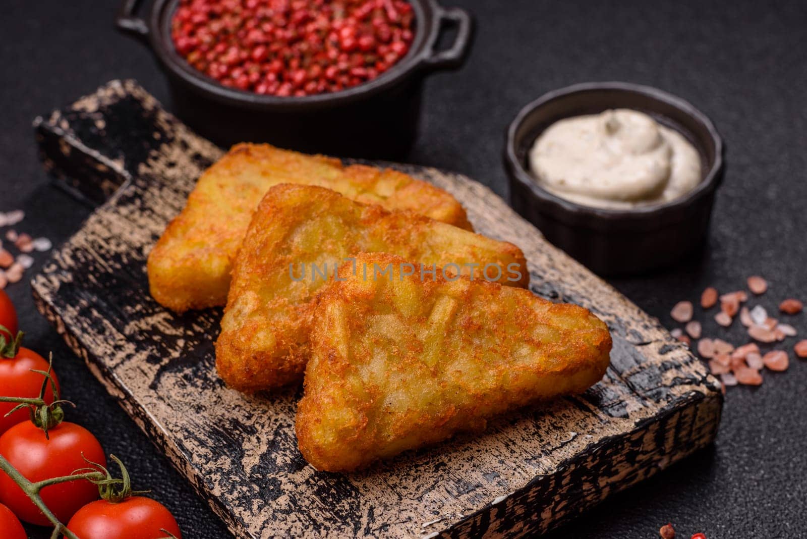 Hash browns with potatoes and onions, salt and spices on a dark concrete background