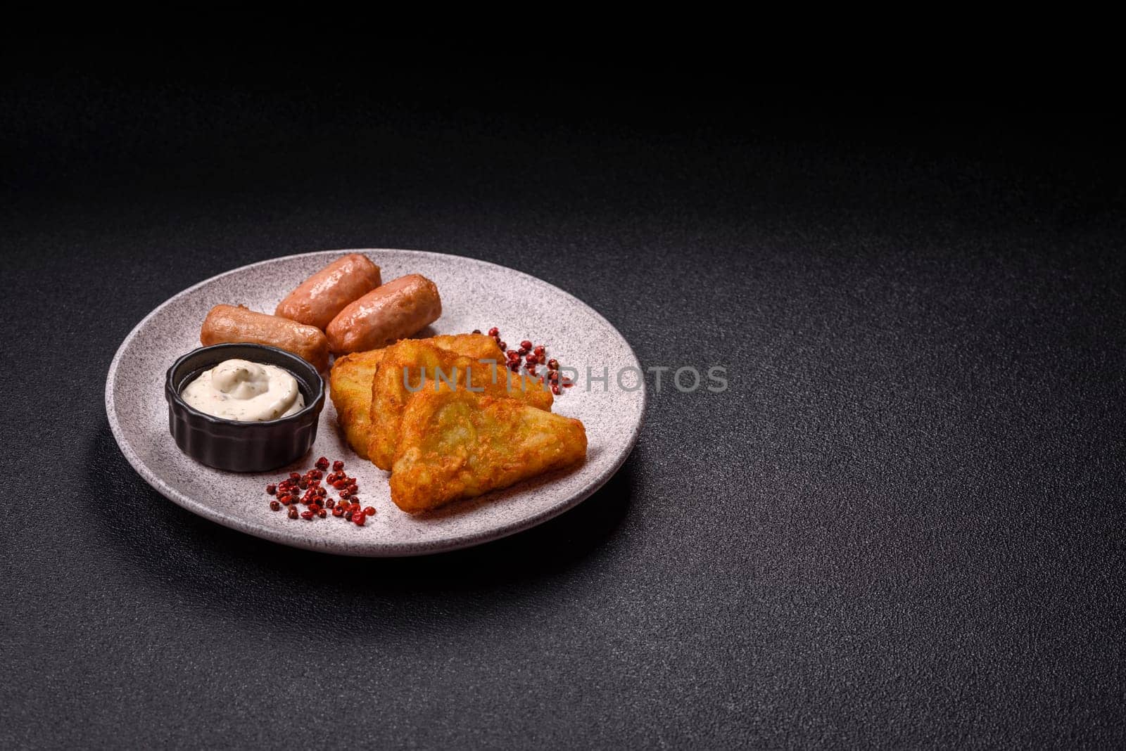 Hash browns with potatoes and onions, salt and spices on a dark concrete background