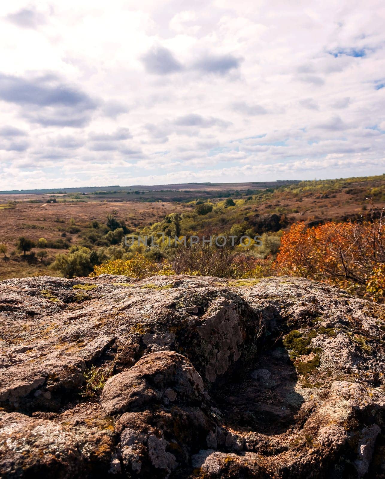 fantastic autumn in a mountain canyon, huge rocks. big gray granite boulders on top of a mountain, stone valley. yellow and red trees grow among the rocks. Aktovsky Canyon, Ukraine with rocks.