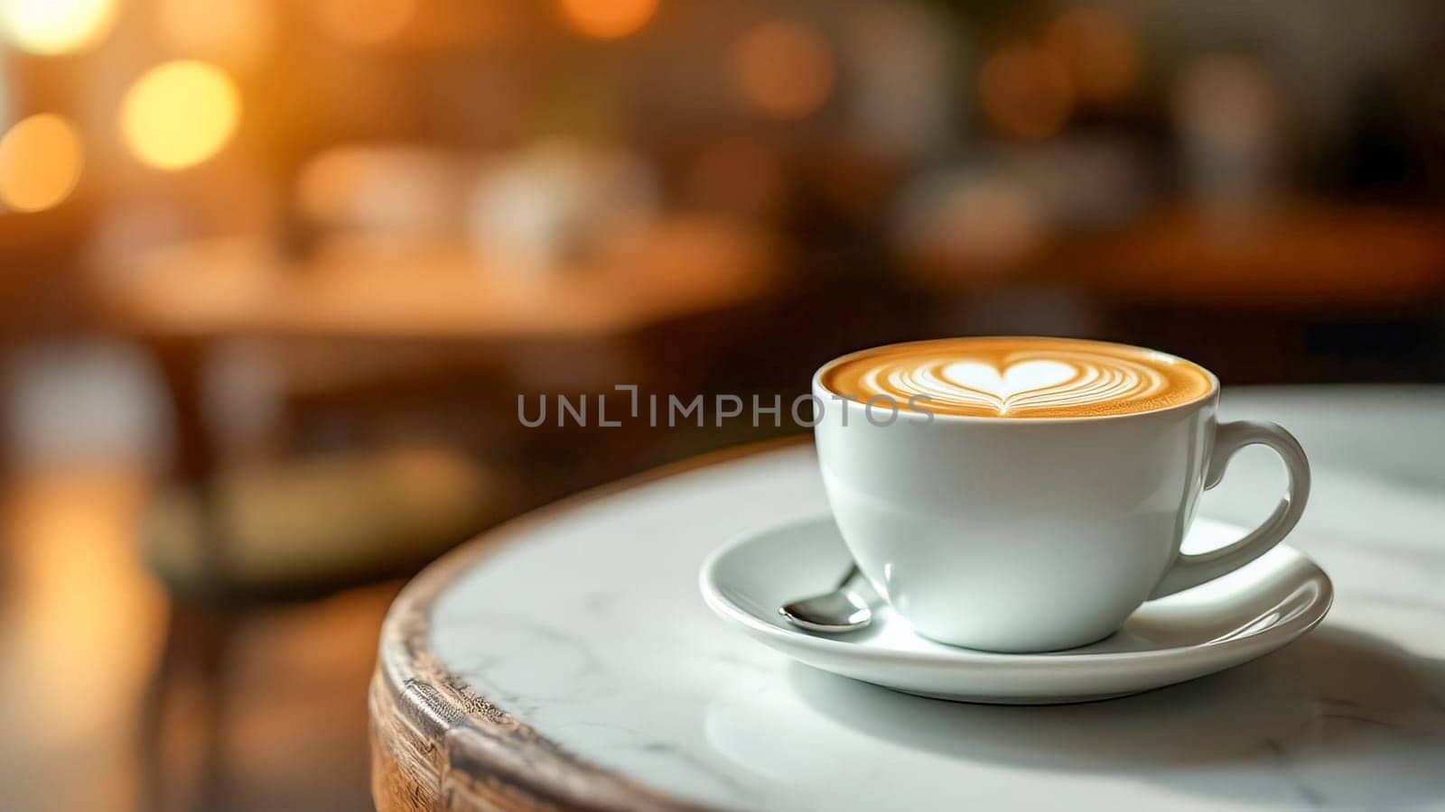 Elegant cup of cappuccino with latte art in the form of hearts on the foam served on wooden table with sunlight in coffee shop atmosphere.