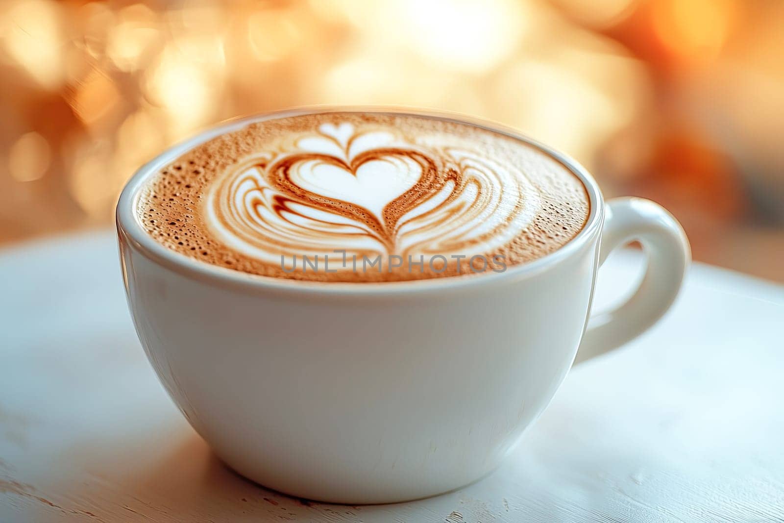 Frothing cappuccino with heart latte art in a white cup, creating an atmosphere of coziness and relaxation in the morning. AI generated.