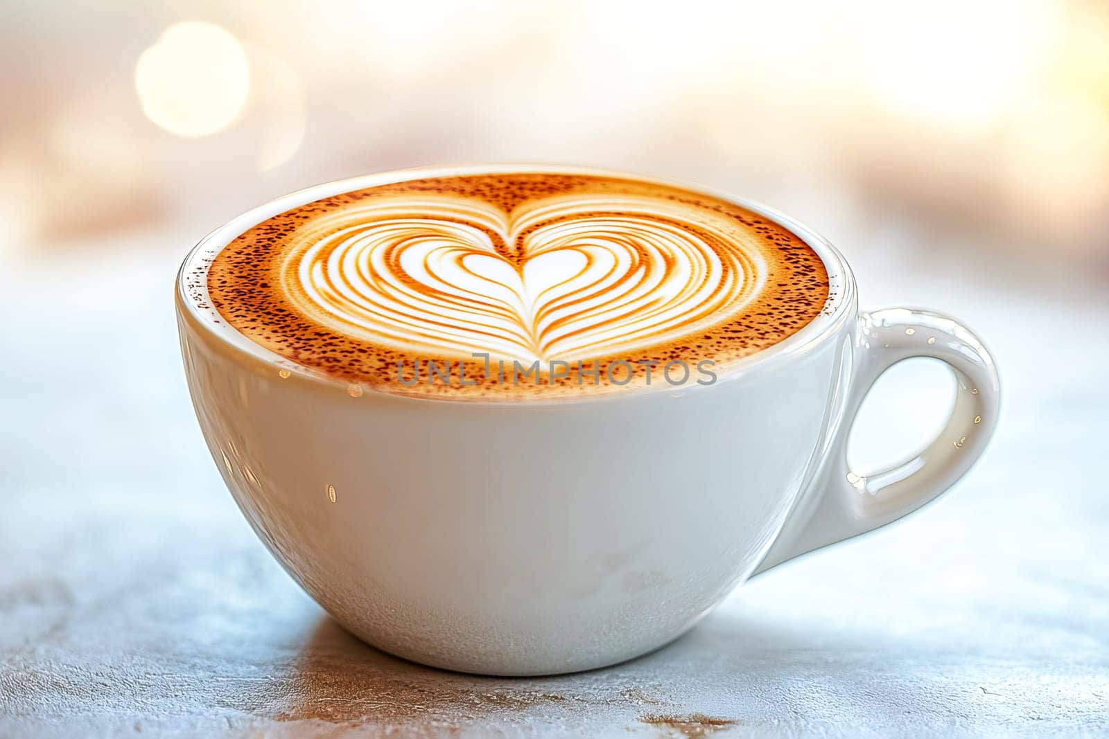 Frothing cappuccino with heart latte art in a white cup, creating an atmosphere of coziness and relaxation in the morning. AI generated.