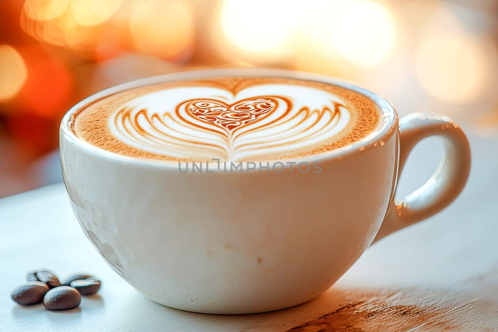 Frothing cappuccino with heart latte art in a white cup, creating an atmosphere of coziness and relaxation in the morning. AI generated.