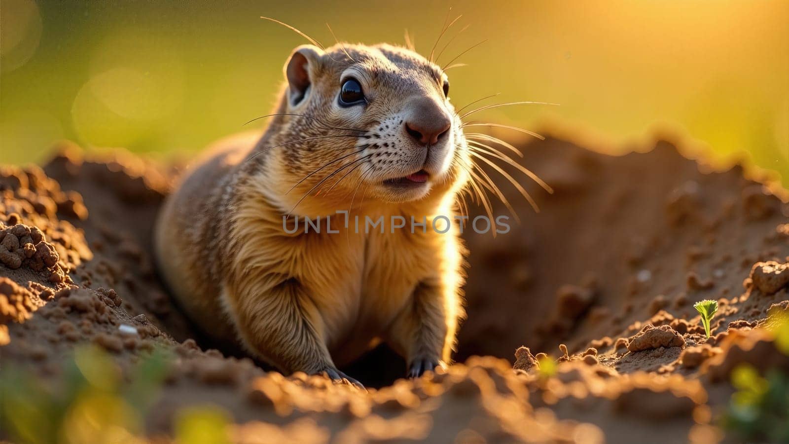 Cute groundhog peeks out of his burrow in the golden evening light. Groundhog day.