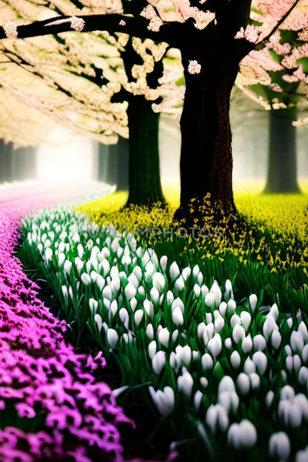 spring march flowers nature trees forest beauty white tulips violet purple fantasy landscape art background . High quality photo frame illustration alt