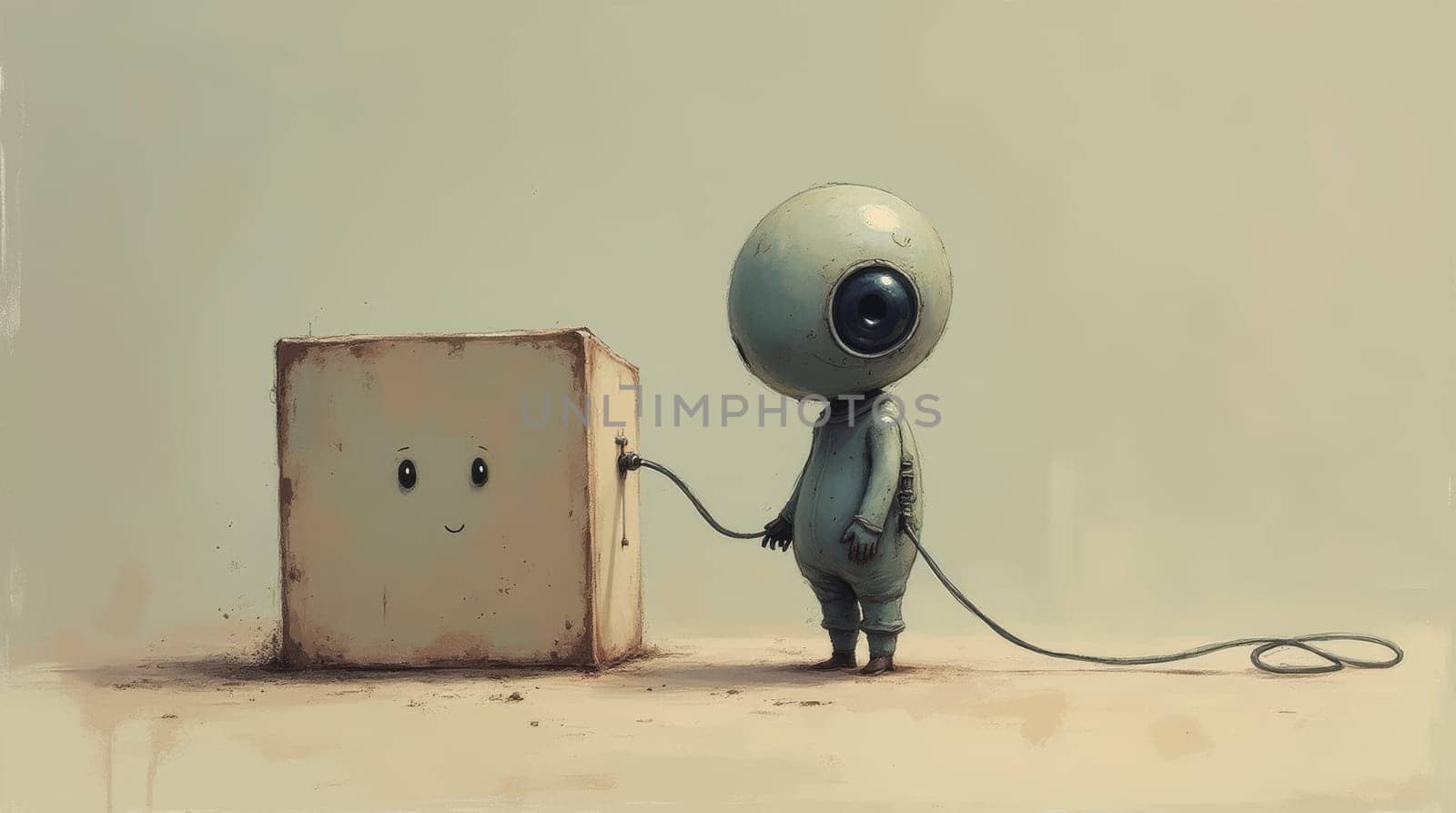 Digital painting of a whimsical scene depicting a small, round-headed robot connecting a cord to a cube with a painted-on face. The setting is a barren, sandy landscape, suggesting isolation.