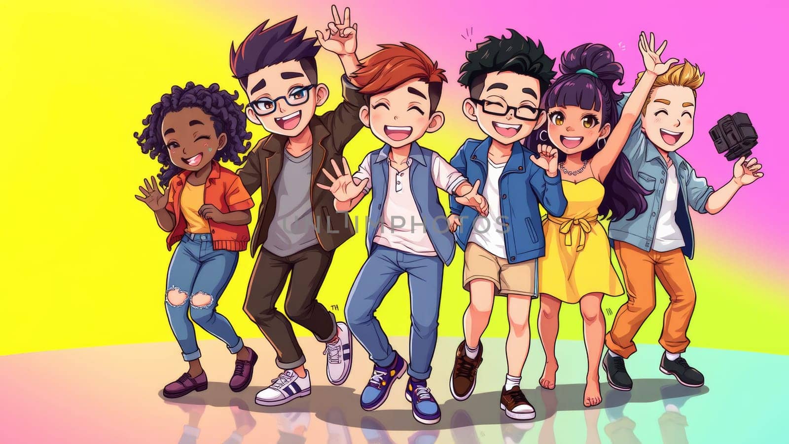 A cheerful illustration of six cartoon friends, showcasing their unique styles and joyful expressions. The colorful background enhances their positive energy.