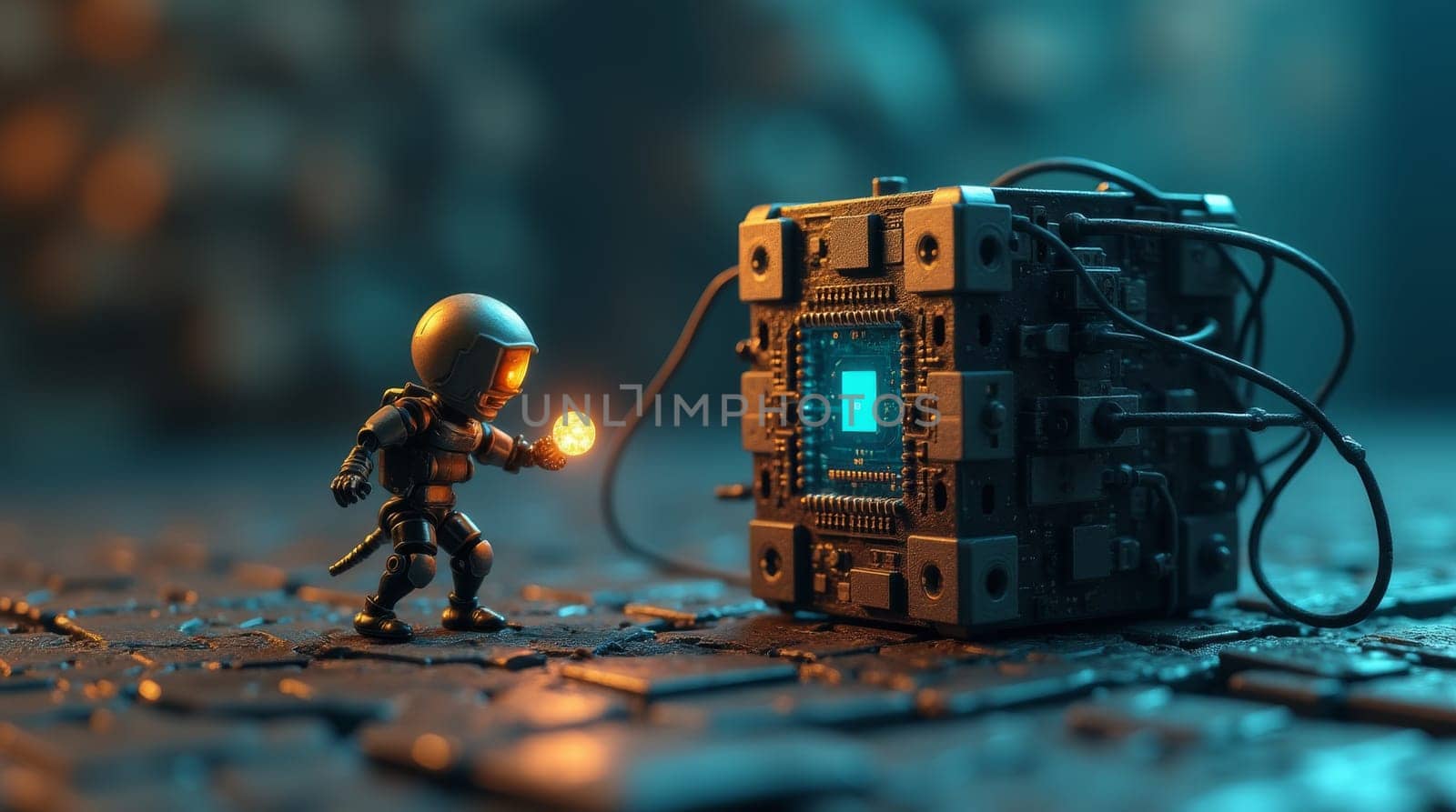 A small, robotic astronaut figure presents a glowing sphere to a large, intricate technological cube. The setting appears to be a dark, metallic surface, suggesting a futuristic or sci-fi context.