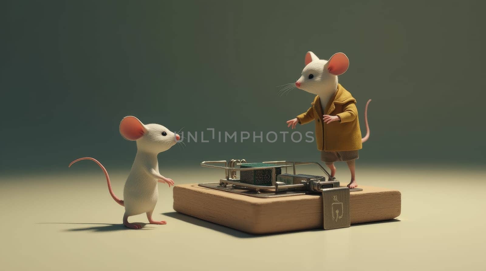 A 3D-rendered scene depicts two small, white mice interacting with a classic wooden mousetrap. One mouse stands on the trap, while another watches from a safe distance.