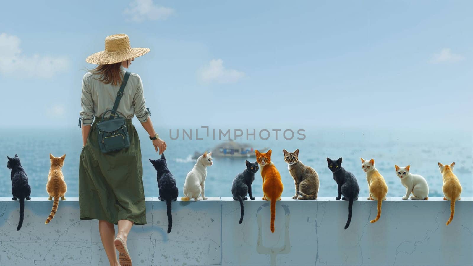 The Girl and dogs watching sunset together, AI generated