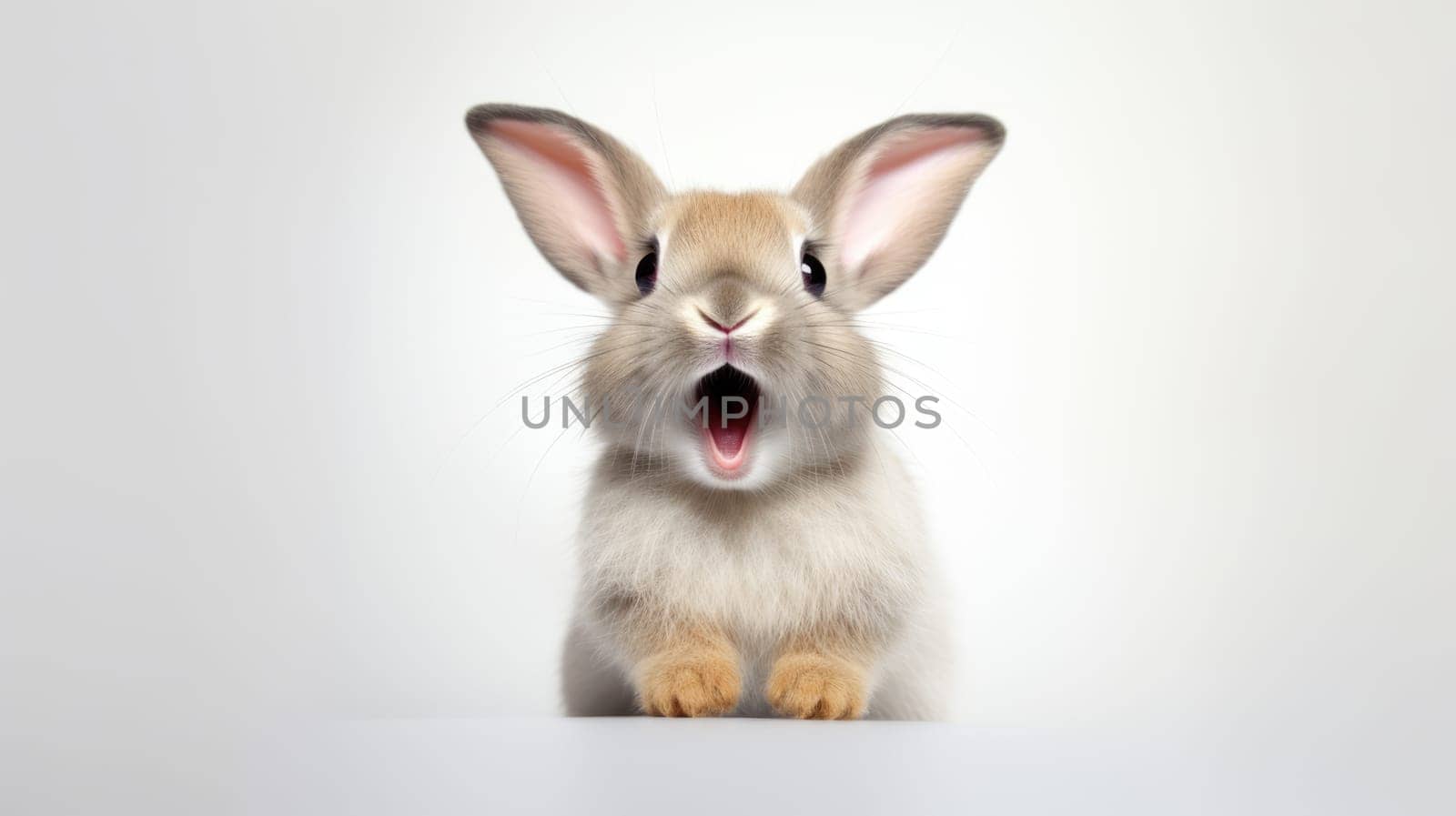 Surprised Funny Cute Bunny with Big Eyes on Light Background, Cute Animal Portrait.