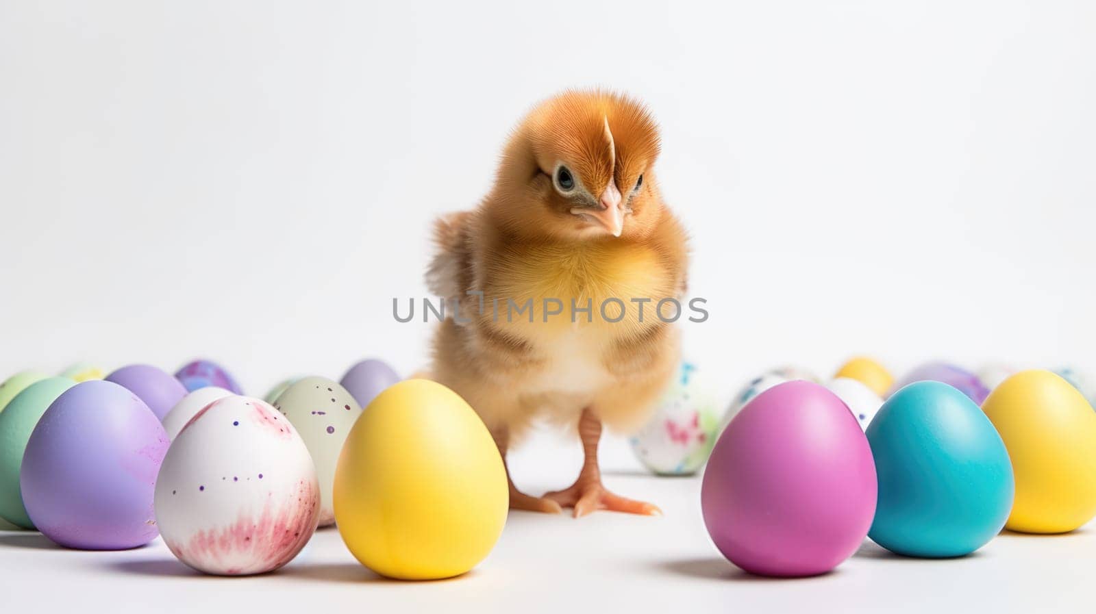 An adorable fluffy yellow baby chick stands in front of a pile of colorful Easter eggs. The chick is looking at the camera with a curious expression. It is isolated on a white background.