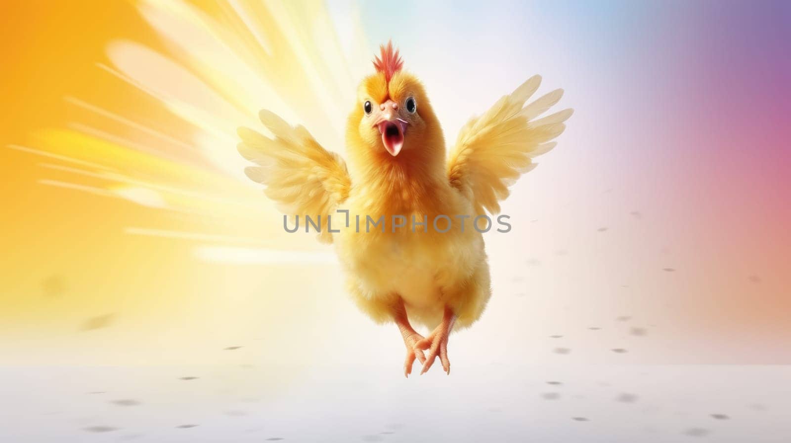 Vibrant chicken flying with colorful rainbow feathers in the sky on bright background.