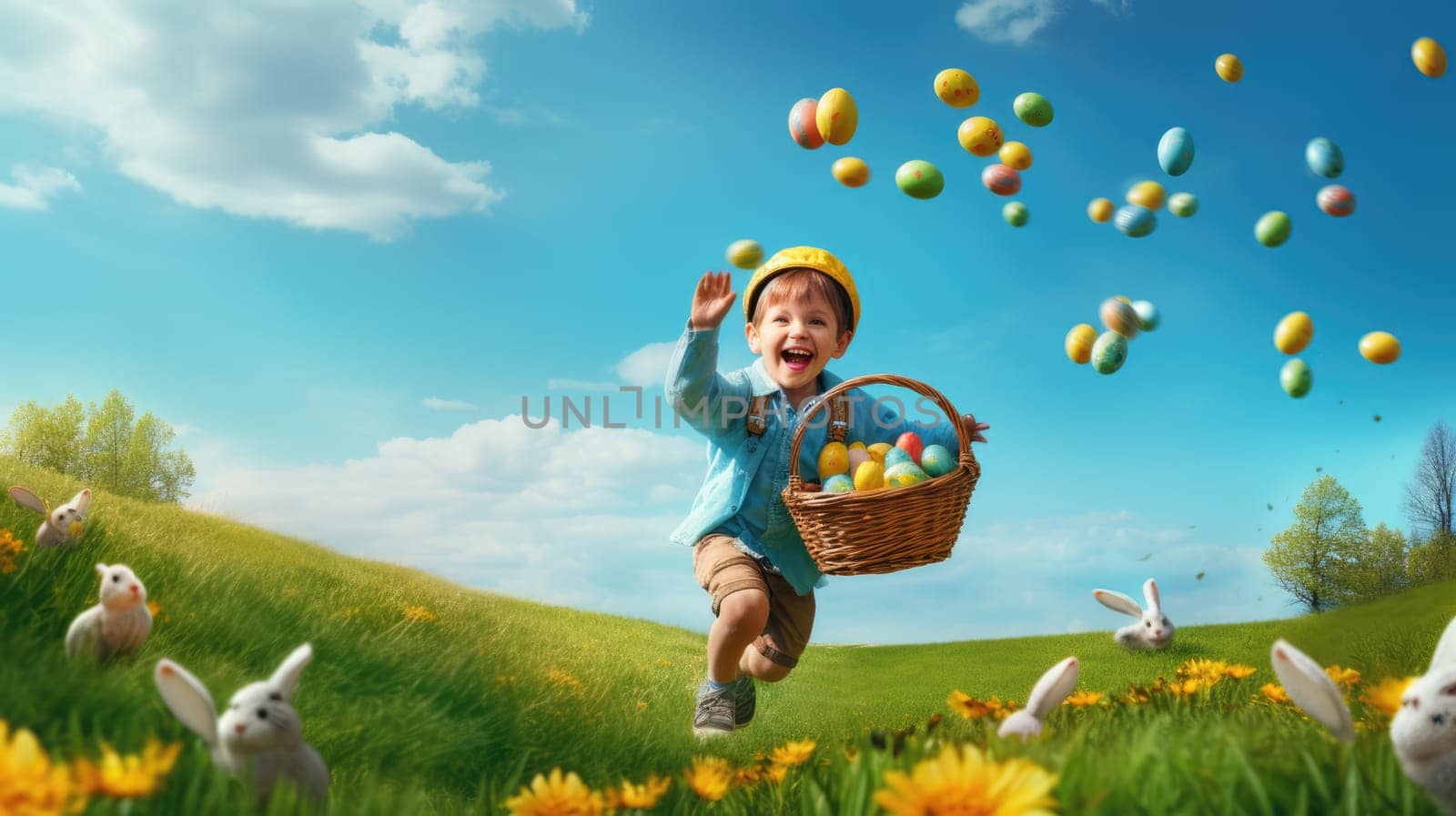 Boy Running with Easter Basket on Green Grass Field with Colorful Eggs.
