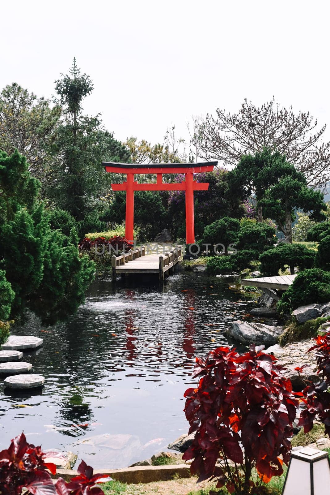 Traditional japanese gates Torii in Da Lat Vietnam near lake with koi fish